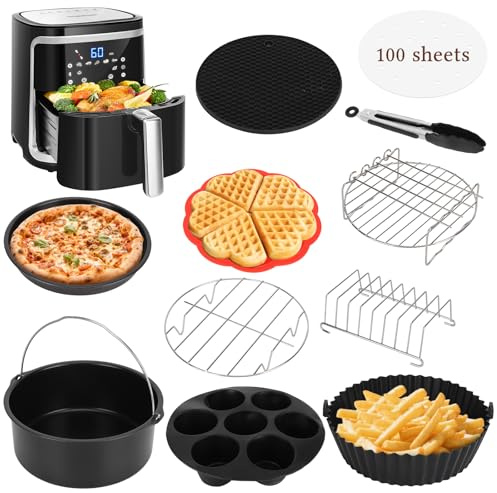 Accesorios freidora de aire, 12 Piezas Airfryer Accesorios Molde Silicona freidora de aire con gofres, Bandeja pizza, Parrilla, Sin BPA, für Aigostar COSORI Cecotec Ninja Philips 5,5L 6L 6,2L 6,5L