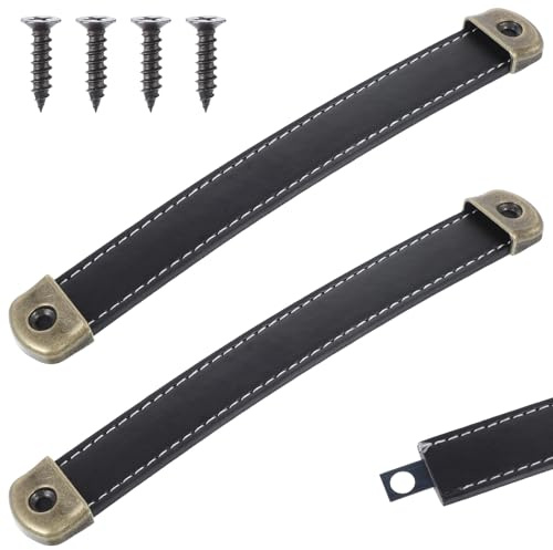 Mabor 2 Pcs Leather Handles for Drawers Leather Trunk Handles Leather Handle Suitcase Luggage Pulls Cabinet Handles Leather Strap Handle with Mounting Screws Leather Cabinet Knobs(Black)