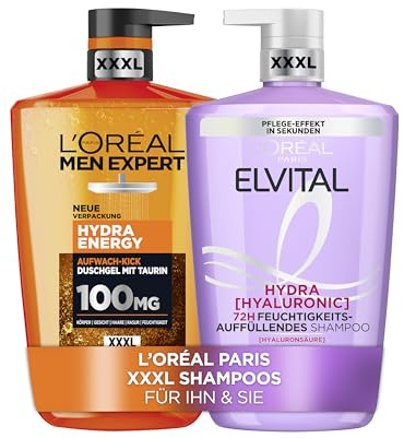 L'Oréal Paris XXXL Pflege-Set für Ihn und Sie: Men Expert Hydra Energy Duschgel – Frische und Reinigung, Elvital Dream Length Shampoo – Stärkende Aufbaupflege, Amazon Exklusiv, 2 x 1000 ml