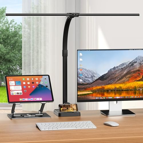 APMIEK LED Desk Lamp with Base - Bright Dimmable Computer Lamp with Phone Holder, 24W Bendable Desk Light for Monitor Screen, Eye-Caring Tall Desktop Light for Task Home Office Work, Black, Dual Head