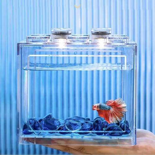 Modular Betta Fish Tank with LED Lighting & Mini Landscape Scaping 12H*10W*8L CM- High-Clarity Desktop Small Aquarium for Betta Fish & Mini Turtles