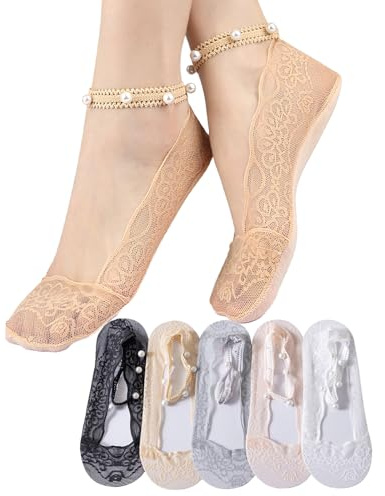 JK Home 5 Paires Chaussette Invisible Femme Basse A:Perle S | Soie Glacée Socquettes Courtes Silicone Anti-dérapant Dentelle Tulle avec Lacet Elastique Perles pour Sport Yoga Ballerine