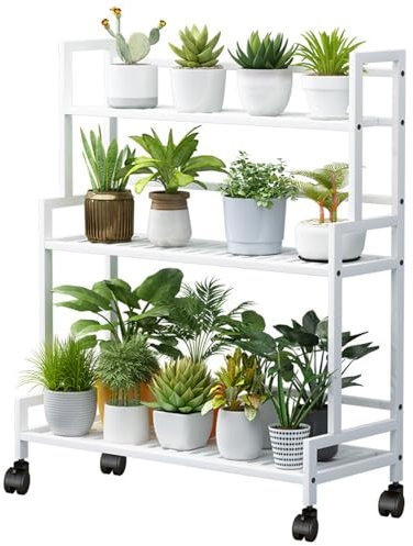 AFKSMILE Pflanzenständer Metall Blumenständer, 3 Etagen Großer Kapazität Pflanzständer mit 4 Rollen, Multifunktionales Pflanzenregal für Outdoor Indoor Balkon, Garten, Wohnzimmer (Weiß)