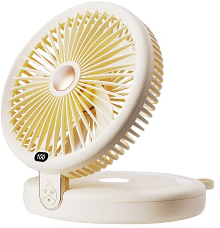 Sungive ventilatore da tavolo 2-in-1, 5 pale, 6 velocità, pieghevole, con gancio e cordino. Ricarica USB, 4000mAh, 15h autonomia, LED 3 livelli, oscillazione 120°, inclinazione 90°.(Beige)
