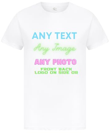 Personalised T-Shirts UK - Custom Print Tshirt with Any Text and Photo, Design Your Own Custom T Shirt (UK, Alpha, S, Regular, Regular, White)