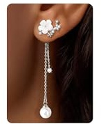 FANCH Dangle Drop Earrings for Women 14K Gold Plated Hypoallergenic Lightweight Pearl Flower Earrings Long Threader Chain Wedding Earrings For Brides Cubic Zircon Statement Sparkly Jewelry Silver