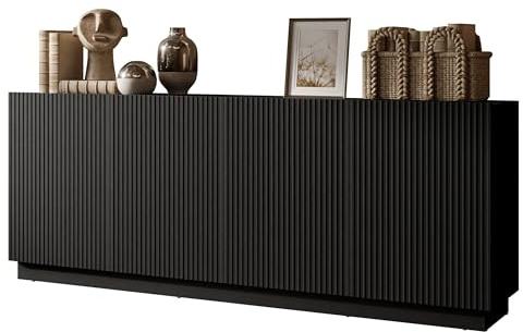 Mirjan24 Kommode Liwerio 200 4D mit 4 Türen, innen 8 Fächer, Türkommode mit geriffelte Fronten, Highboard, Anrichte, Sideboard, Wohnzimmerschrank (Schwarz)