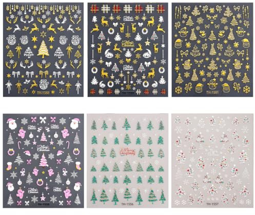OIXYEY 6 Stück Nagelsticker Weihnachten,Glitzer Blatt Nagelaufkleber Selbstklebend Goldschneemann-Schneeflocke-Weihnachtswinter Nail Art Sticker Dekoration Nageldesign Zubehör