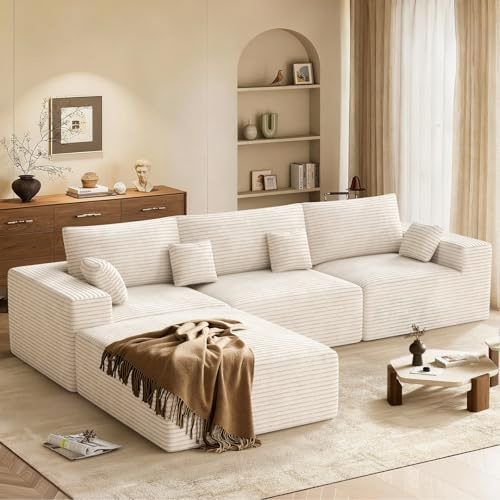 Aivermeil Boneless Couch L Shaped Sectional Corner Sofa, 287cm Cloud Couch Modular Corduroy 3/4 Seater with Memory Foam & Ottoman, No Assembly - Cord/Beige