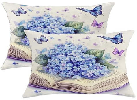Spring Hydrangea Pillow Covers 12x20 Set of 2, Comfy Funny Books Flowers Butterflies Printing Velvet Pillow Cases Kit with Zipper, Floral Pattern Decor Sofa Living Room