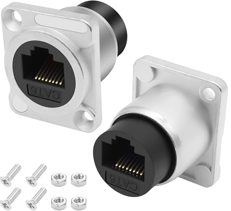 XMSJSIY D-typ RJ45 CAT6 panelfäste adapter uttag till uttag D-typ RJ45 CAT6 Ethernet genomströmning kopplare socket kontakt LAN nätverk förlängare adapter – 2 st (silver)