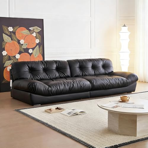 Italiensk lyxig enkel svart lädersoffa, rymlig och mjuk soffa med massiv träram, modern stor storlek, lämplig för vardagsrum/kontor/lägenhet.