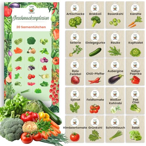 TORAF Kit de Graines de Légumes 20 Variétés – Graine Premium pour Jardin, Balcon et Potager – Tomate, Concombre, Roquette, Laitue, Oignons rouges, Piment – Kit de culture de plantes potagères