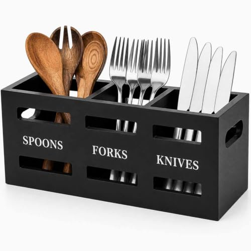 MNILUSED Wood Cutlery Holder Caddy, 3 Compartment Kitchen Utensils Holder with Handle Wooden Cutlery Organiser Counter Storage, Farmhouse Utensils Caddy Cooking Tools Storage for Forks Spoons Cutters