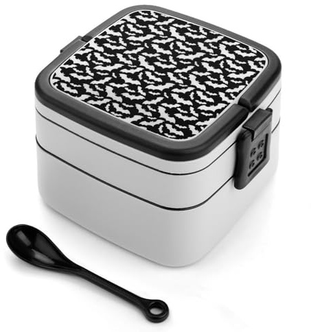 Dgsxynth Bento Box, lonchera gris de murciélagos de Halloween, cajas de almacenamiento de alimentos de 2 capas con asa