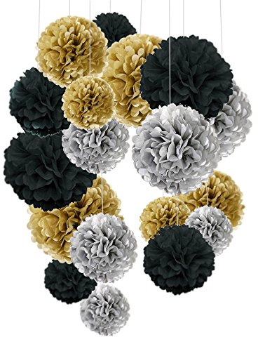 Recosis 18 Stück Seidenpapier Pompoms Blumen Ball Dekorpapier Kit für Geburtstag Hochzeit Baby Dusche Parteien Hauptdekorationen und Partei Dekoration - Schwarz, Gold und Silber