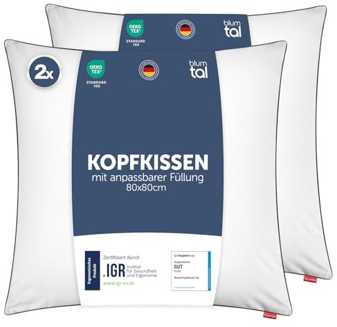 Blumtal Kopfkissen 80x80 cm 2er Set - Nackenkissen mit anpassbarer Füllung - 100% Mikrofaser & waschbar bis 95 Grad - höhenverstellbares Kissen mit Paspel - für erholsamen Schlaf