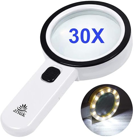 ARSUK Magnifying Glass with Light - 30X Handheld Magnifier with 12 LED Lights for Reading, Hobbies, Coins, Jewelry, Craft Work, Inspection - Strong Lens for Seniors & Macular Degeneration