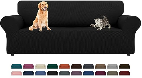 LURKA Stretch Sofa Slipcovers Couch Covers for 3 Cushion Couch Sofa Pet Friendly Non Slip Sofa Cover Washable Furniture Protector with Elastic Bottom (Large, Black)