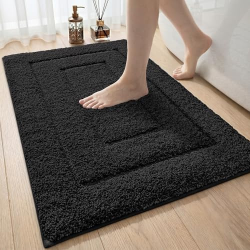 DEXI Tapis Salle de Bain Antidérapant 50 x 80 cm, Moelleux en Microfibre, Absorbant l'eau, Lavable en Machine, Extra Epais, pour Douche, Baignoire, Noir