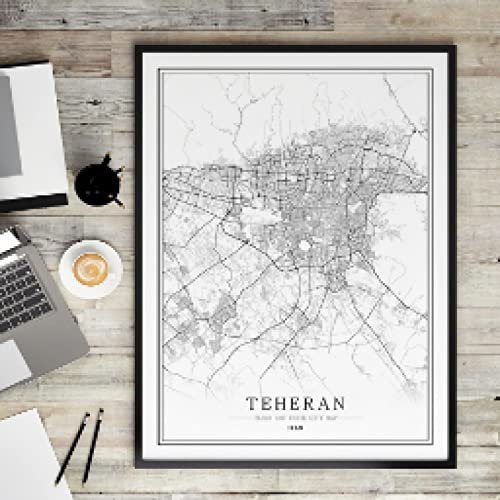 Iran Svartvit Stadskarta Affisch Nordiskt Vardagsrum Teheran Tabriz Väggkonst Heminredning Dukmålning Väggdekor 60x80CM Ramlös
