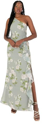 Anaya with Love Damen Women's Maxi Ladies Sleeveless One-Shoulder Asymmetric Split Waterfall Ruffle A-line Bridesmaid Wedding Guest Prom Dress, Sage Green Floral, 42 EU