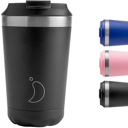 Chilly's Original Coffee Cup - Thermal Mug For Cold & Hot Drinks - Leak-Proof Travel Mug with Lid - Double Walled Vacuum Insulated Mug - Stainless Steel - Monochrome Black, 340ml