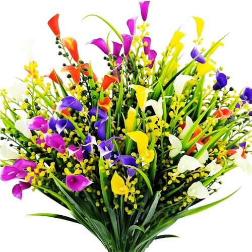 Aisamco 12 Bundles Artificial Flowers Outdoor UV Resistant Fake Calla Lily Flowers Outdoor Plants for Decoration,5 Colors Faux Flowers Bulk Home Window Garden Wall Patio Hanging Planter Decor