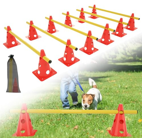 ORHEYA 6er Agility Hürdenset mit 12 Kegeln und 6 Stangen, Steckhürden Set für Kinder, Hunde, Teamsport und Fußball, Multifunktionskegel, 32 cm Höhe, 100 cm Stangen
