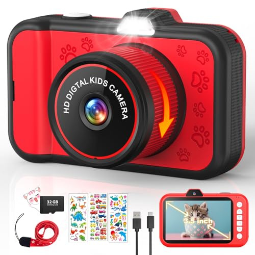 CHAKEYAKE Kids Camera, Toddler Digital Camera with Rotating Zoom Lens, 3.5” Large Screen, 1080P Toy Camera for Kids with Flash, 32GB Card, Birthday Gifts for Boys Girls 3 4 5 6 7 8 9 10 11 12 Year Old