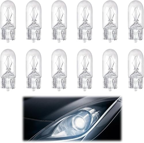 12 PCS Bulbs T13 Car Interior Light, 12V 10W 501 W5W Halogen Bright Enhanced Lasting Exterior Lighting Capless Side Light for Parking Dashboard Lamp Sidelights License Plate Reverse (White-10W)