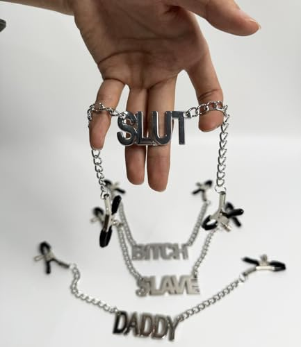 YILUQIFLY Pinces à tétons avec chaîne Corps Poitrine Réglable Couple Plaisir sexuel pour Femmes BITCH/DADDY/SLAVE/SLUT Torture BDSM Étroitesse réglable (Une pièce SLUT)