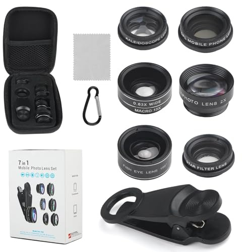 Objectif 7 en 1 Zoom Téléphone Portable Appareil Photo, Filtre CPL Objectif Macro 15X Grand Angle 0,63X fisheye Téléconvertisseur 2X Filtre étoile et Kaléidoscope pour iPhone et la plupart Smartphones