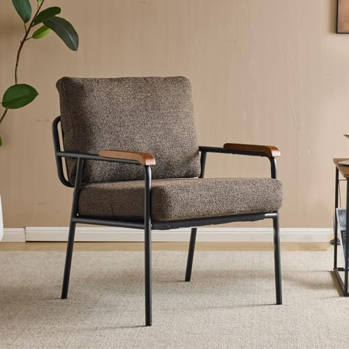 Bonnlo Accent chair, Mid-Century Metal Frame Armchair, Occasional Reading Chair with Coushions and Wooden Armrest, Armchairs for Living Room, Bedroom, Dining Room, Brown