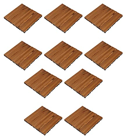 Akozon Wood Flooring Tiles - 10PCS Wood Floor Blocks Splicing Flooring Balcony, Terrace, Garden - Weatherproof Decking