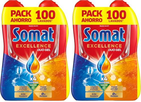 Somat Excellence Gel Frescor Anti-Olor (100 lavados), detergente lavavajillas desengrasante, lavavajilla líquido automático en botella, jabón para platos con vinagre (Paquete de 2)