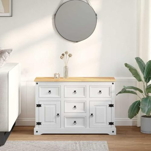 Augerlite Baúl de almacenamiento Corona Blanco de Madera 112 x 40 x 75 cm con 5 cajones y 2 Puertas, Baúl de Asiento y Organizador para Dormitorio, Salón y Pasillo