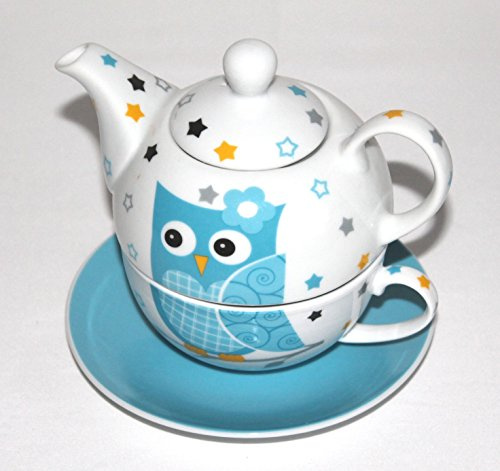 Tea for One, set da 3 teiera in porcellana con tazza e piattino, in confezione regalo (blu)