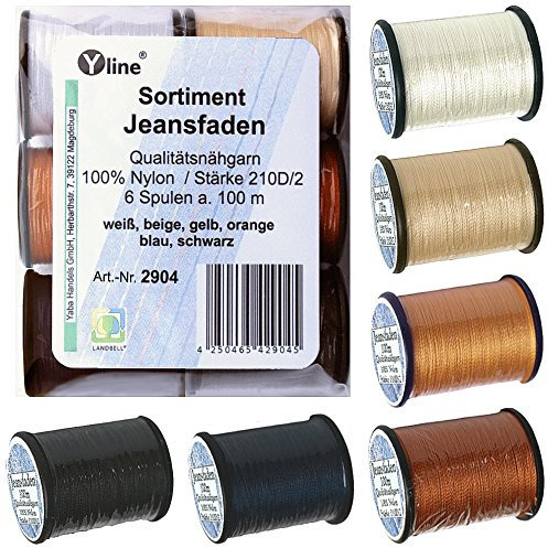 Sort. 6 Spulen a. 100 m Qualitäts - Nähgarn Jeansfaden, Ne 25.3/2, 100% Nylon für die Nähmaschine, 2904
