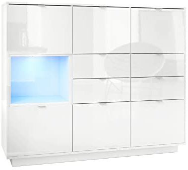 Vladon Highboard Sideboard Metro V2, Made in Germany, Korpus in Weiß Hochglanz/Fronten in Weiß Hochglanz mit Einsatz in Weiß Hochglanz, inkl. LED Beleuchtung