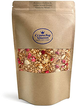 Crunchy Queen rosarote Erdbeere & weiße Schokolade Traum Knusper-Müsli Erdbeere Weiße Schokolade Granola palmölfrei (340g)