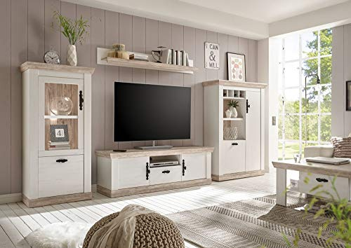Newfurn Wohnwand Anbauwand Landhaus Wohnzimmerschrank Wohnlandschaft Mediawand Fernsehschrank II 310x201x 37-44 cm (BxHxT) II [Amelie.Three Concept] in Pinie Weiß/Oslo Pinie Wohnzimmer