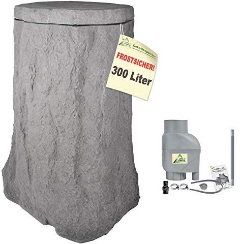 Regentonne, Regentonnen, Regenspeicher, Regenbehälter, Baum 300l grau mit Fallrohrfilter T33 grau FROSTSICHERES Regenfass Wassertonne mit Deckel und Wasserhahn DAS ORIGINAL!