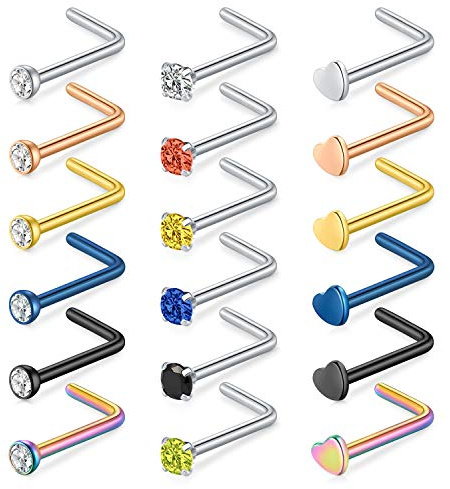 incaton 18 Pièces Bague de Nez Boucle de Nez Piercing Nasal Courbé Nose Stud L Piercing Bijoux, 20 Jauge