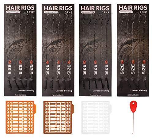 Luroad Carp Fishing Hair Rigs, 20 Pcs Curved Barbless Carp Hook Anti-Tangle Swivel Braided Thread line with 3 Card Boilie Bait Stops Dumbell Stoppers and Stringer Needle, Size 6