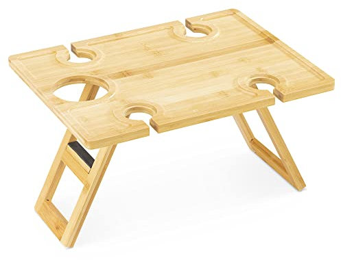 Navaris Tavolino Pieghevole da Esterno in bambù - con Portabicchieri e Portabottiglie - Tavolo Pieghevole da Esterno per PIC Nic e Barbecue - Tavolino da Letto