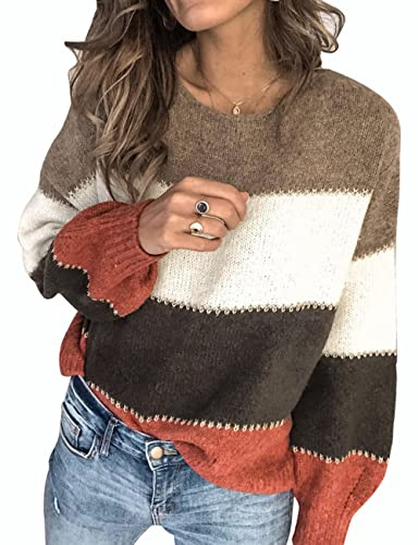 heekpek Pull Femme Chic Chaud Pas Cher Rayé Ample Mode Pullover Col Rond Hauts Manche Longue Pull Femme Hiver Pull Tricoté, Multicolore, Taille L