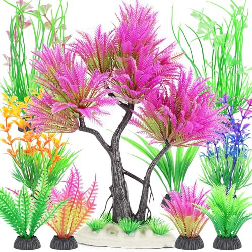 Borlech Aquarium Plastic Plants Artificial Decorations, Medium Fish Tank Fake Tree Plant Decor Ornaments Accessories (Pink)