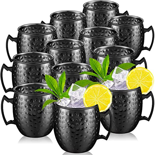 Tessco 12 Pcs Moscow Mule Mugs 16 oz Copper Mugs Kit 304 Hammered Copper Plated Stainless Steel Mule Cups for Cold Drinks Coffee Beer Wine Chilled Drink(Trendy Style,Black)
