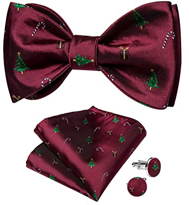 DiBanGu Burgundy Christmas Tree Bow Tie Set for Men Self Tie Silk Bowties and Pocket Square Cufflinks with Gift Box